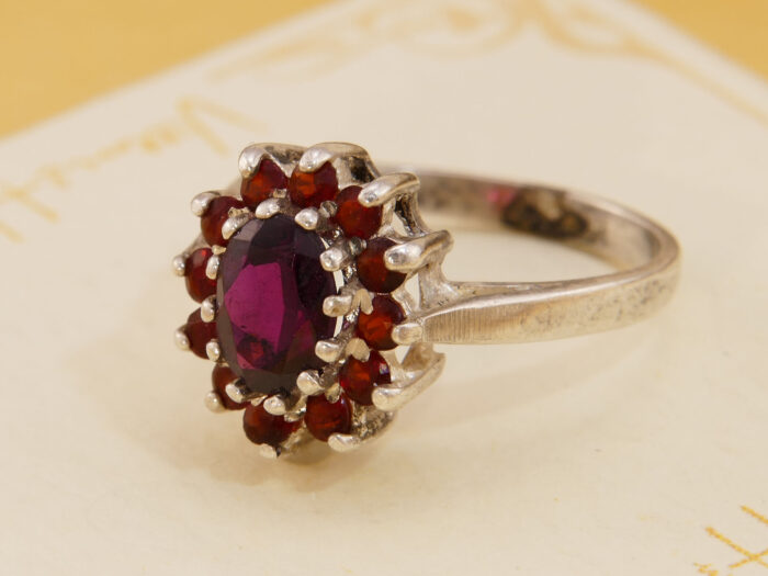 Pink Rhodolite & Red Pyrope Garnet Silver Daisy Cluster Ring 1960s 1