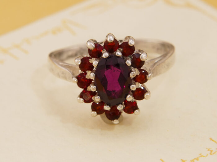 Pink Rhodolite & Red Pyrope Garnet Silver Daisy Cluster Ring 1960s 2