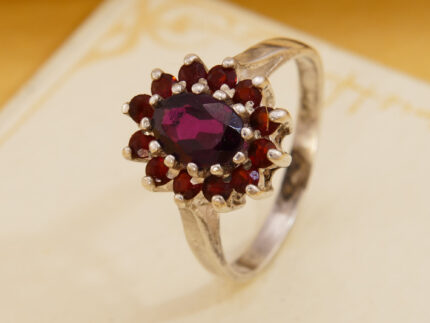 Pink Rhodolite & Red Pyrope Garnet Silver Daisy Cluster Ring 1960s 5