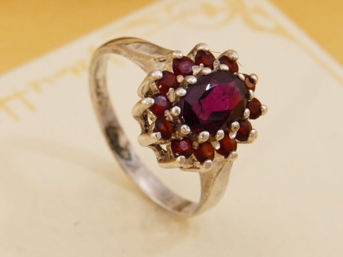 Pink Rhodolite & Red Pyrope Garnet Silver Daisy Cluster Ring 1960s 6