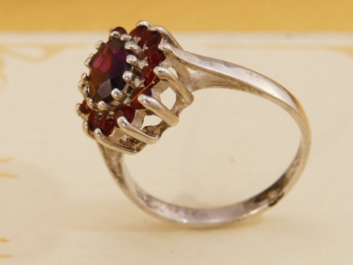Pink Rhodolite & Red Pyrope Garnet Silver Daisy Cluster Ring 1960s 7