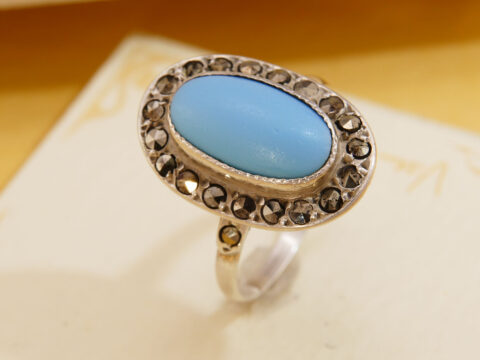 Art Deco Swedish Turquoise & Marcasite Sterling Silver Halo Ring 4