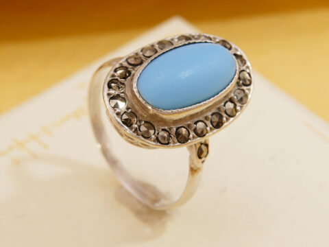 Art Deco Swedish Turquoise & Marcasite Sterling Silver Halo Ring 6