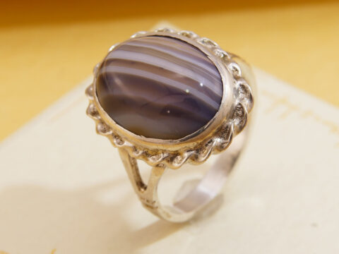 Black & White Striped Banded Agate Oval Silver Ring 4