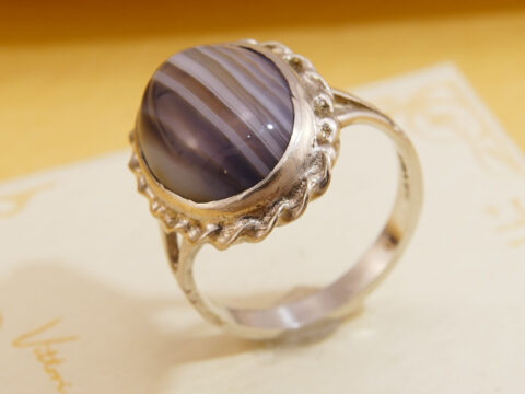 Black & White Striped Banded Agate Oval Silver Ring 5