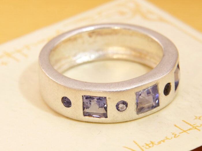 Square Cut Purple Amethyst Brushed Matt Silver Thick Band Ring 2