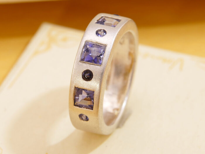 Square Cut Purple Amethyst Brushed Matt Silver Thick Band Ring 4