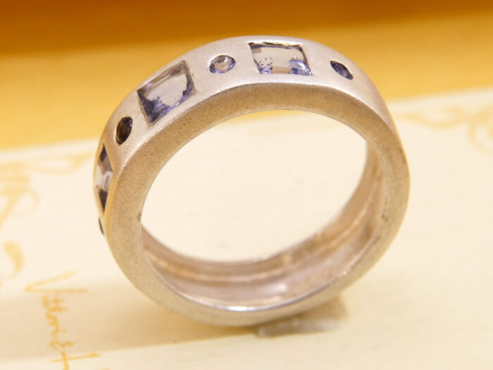 Square Cut Purple Amethyst Brushed Matt Silver Thick Band Ring 5