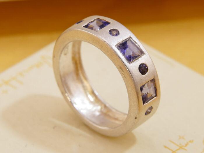 Square Cut Purple Amethyst Brushed Matt Silver Thick Band Ring 6