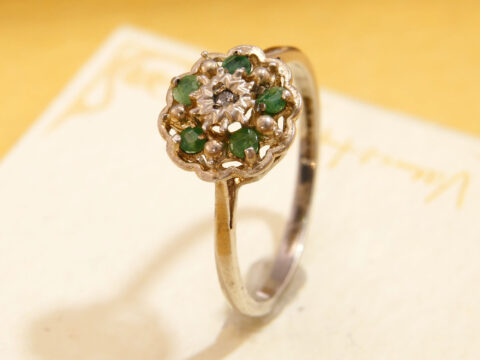 Vintage Emerald & Diamond 14K White Gold Daisy Ring Hallmarked 1979 5