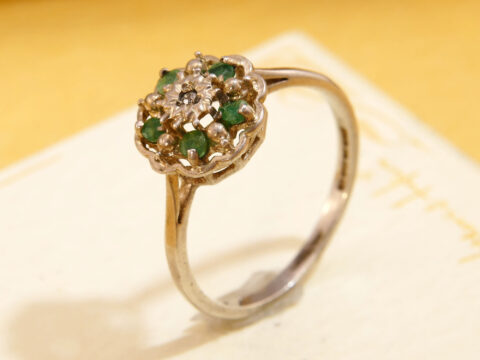 Vintage Emerald & Diamond 14K White Gold Daisy Ring Hallmarked 1979 6