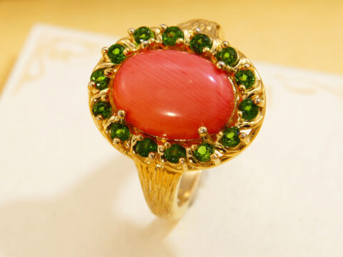 Vintage Pink Rhodochrosite Green Diopside Yellow Gold Plated Halo Ring 5