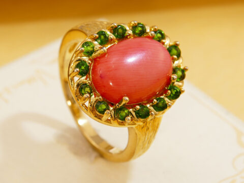 Vintage Pink Rhodochrosite Green Diopside Yellow Gold Plated Halo Ring 7