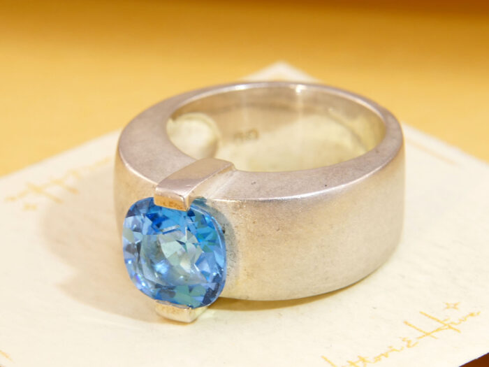 Modernist Thick Brushed Silver Blue Topaz Ring 1