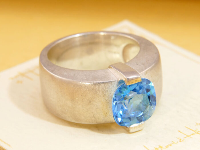 Modernist Thick Brushed Silver Blue Topaz Ring 2