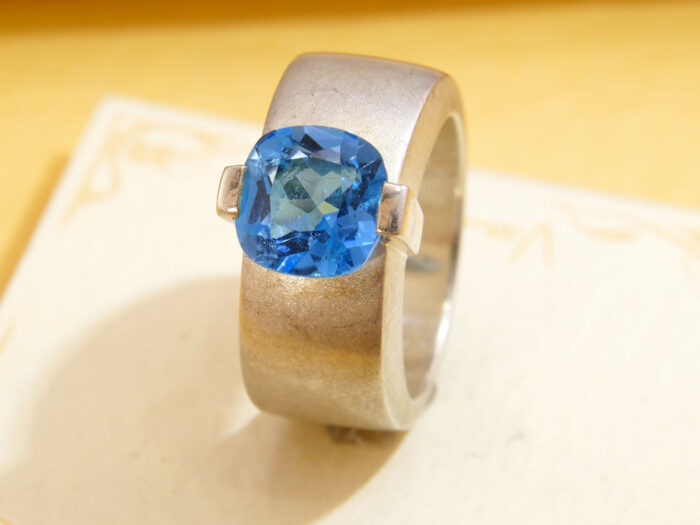 Modernist Thick Brushed Silver Blue Topaz Ring 4