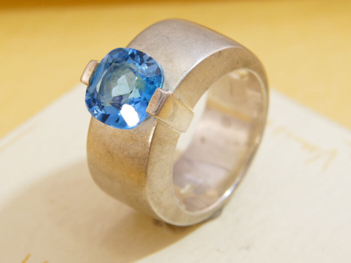 Modernist Thick Brushed Silver Blue Topaz Ring 5