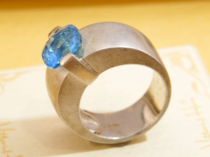 Modernist Thick Brushed Silver Blue Topaz Ring 6