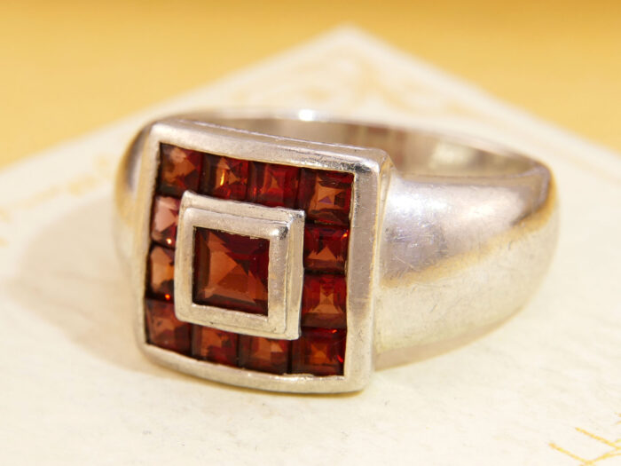 Square Garnet Princess Cut Heavy Silver Ring 1