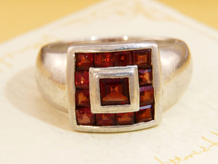 Square Garnet Princess Cut Heavy Silver Ring 2
