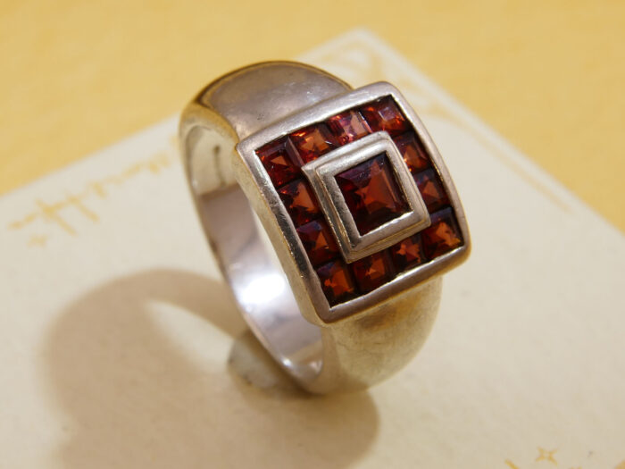 Square Garnet Princess Cut Heavy Silver Ring 7