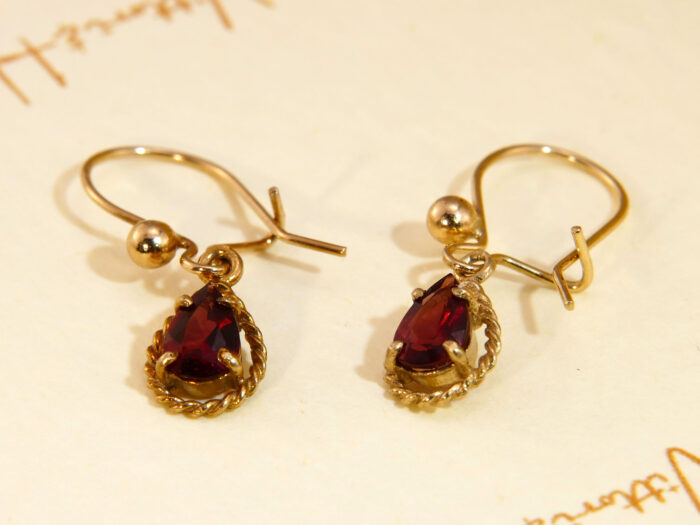 Teardrop Faceted Red Garnet 9k Yellow Gold Earrings 4