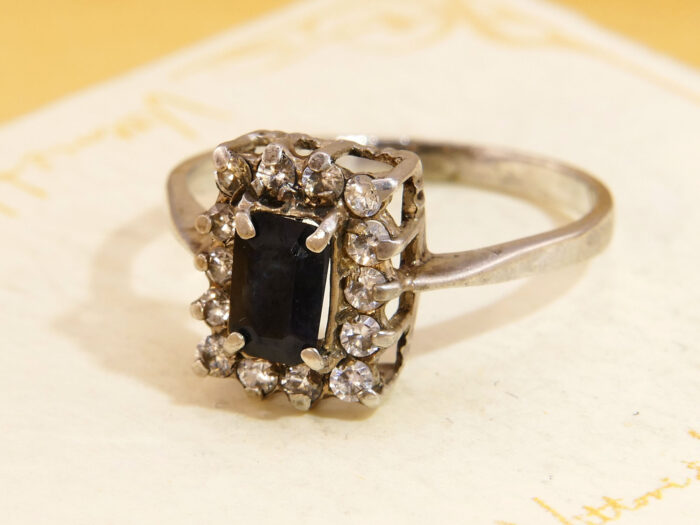 Vintage Rectangular Sapphire Diamond Halo Ring hallmarked 1959 1