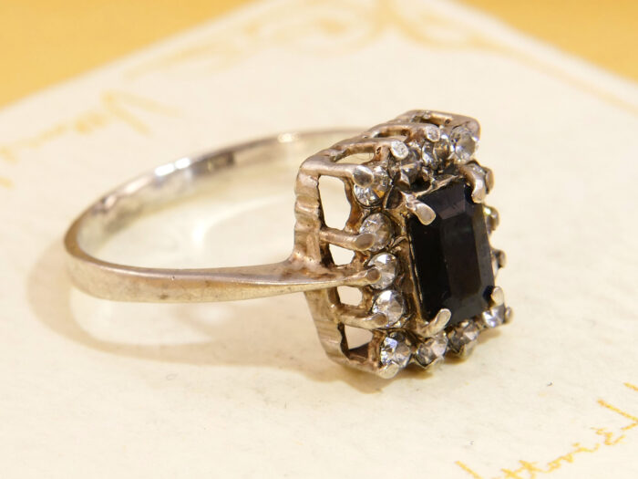 Vintage Rectangular Sapphire Diamond Halo Ring hallmarked 1959 2