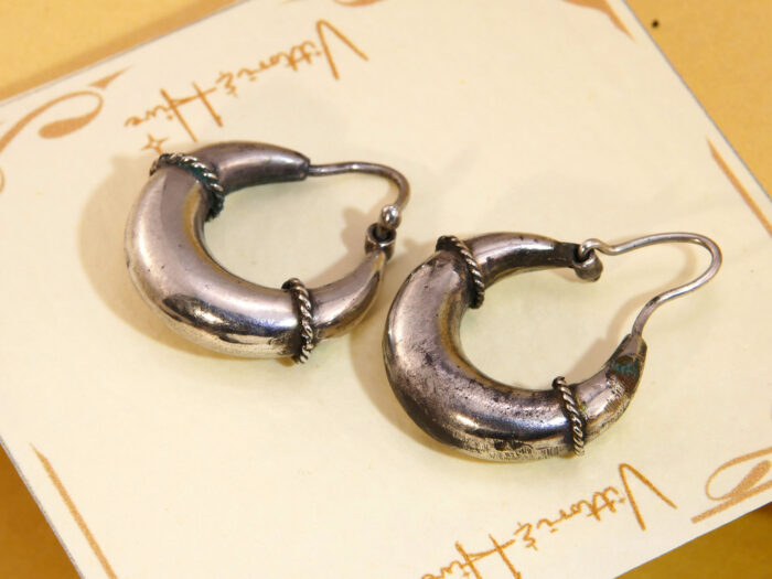 Antique Victorian Etruscan Revival White Metal Hoop Drop Earrings 1