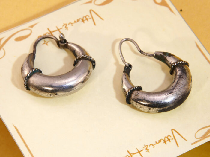 Antique Victorian Etruscan Revival White Metal Hoop Drop Earrings 2