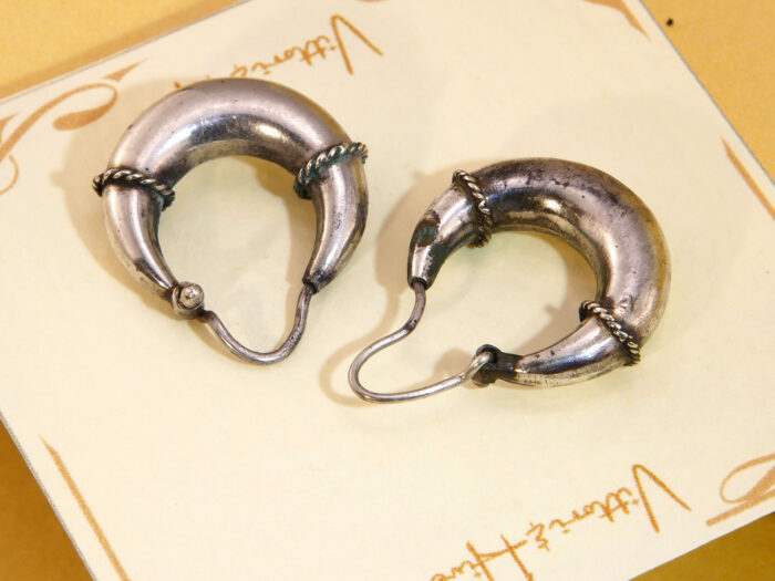 Antique Victorian Etruscan Revival White Metal Hoop Drop Earrings 3