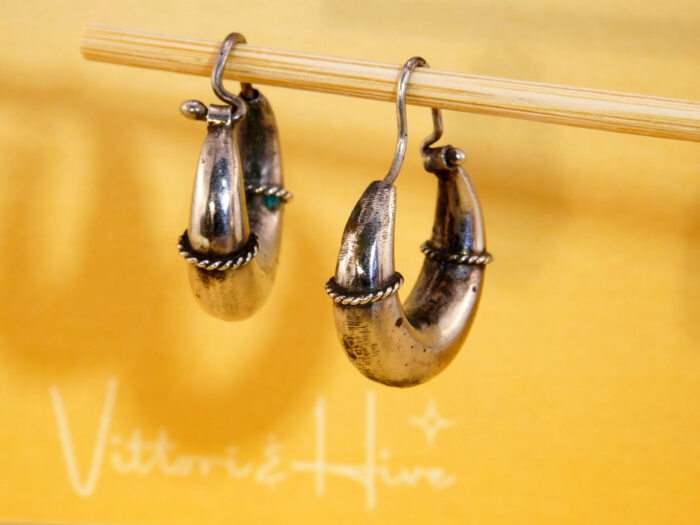 Antique Victorian Etruscan Revival White Metal Hoop Drop Earrings 5