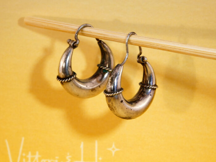Antique Victorian Etruscan Revival White Metal Hoop Drop Earrings 7