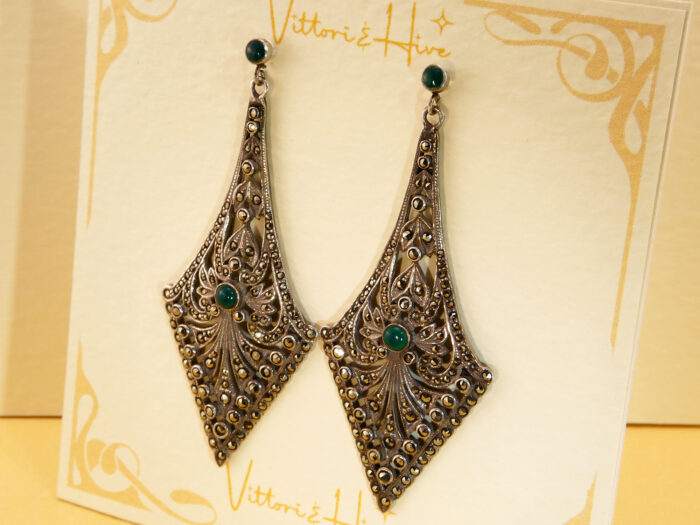 Art Deco Jade Marcasite Silver Dangle Chandelier Earrings 1913 4