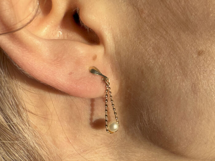 Teardrop Twist Frame Pearl Yellow Gold Dangle Earrings 1