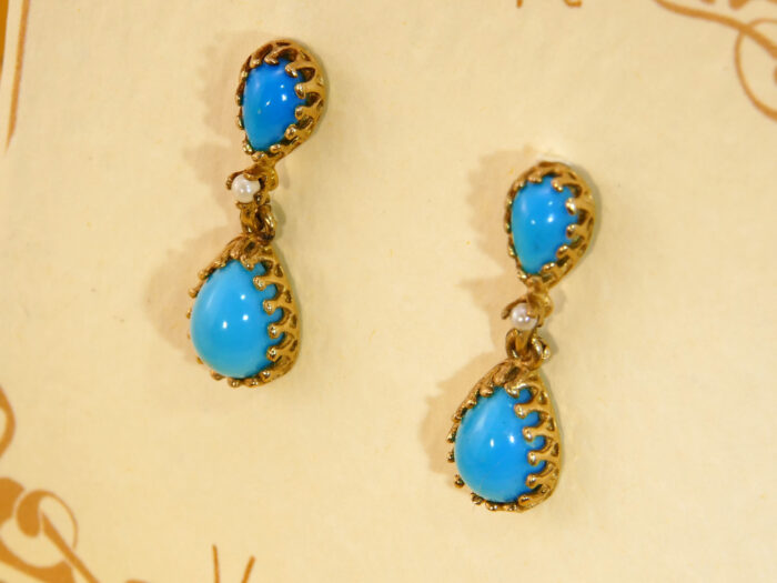 Victorian Teardrop Turquoise & Pearl Gold Drop Earrings 10
