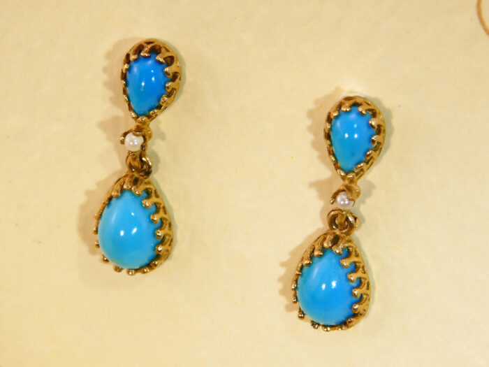 Victorian Teardrop Turquoise & Pearl Gold Drop Earrings 11