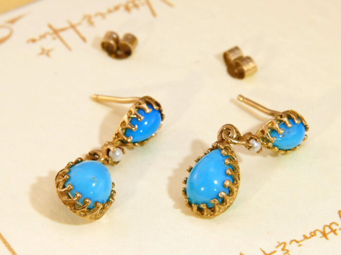Victorian Teardrop Turquoise & Pearl Gold Drop Earrings 3