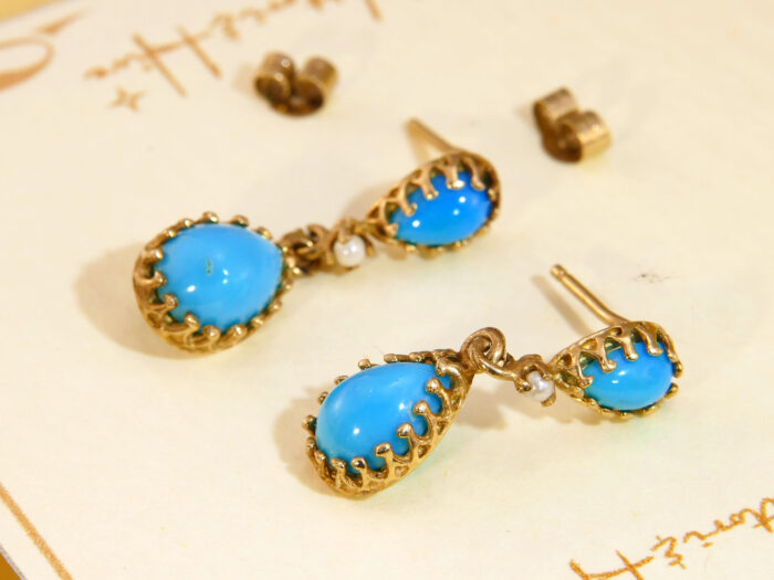 Victorian Teardrop Turquoise & Pearl Gold Drop Earrings 4