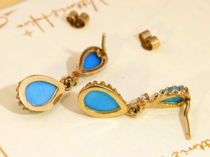 Victorian Teardrop Turquoise & Pearl Gold Drop Earrings 6