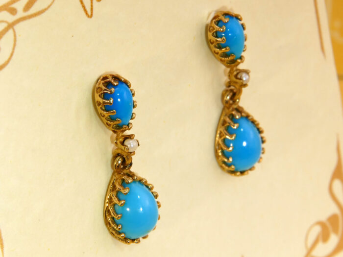Victorian Teardrop Turquoise & Pearl Gold Drop Earrings 7