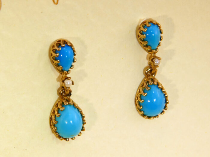 Victorian Teardrop Turquoise & Pearl Gold Drop Earrings 8