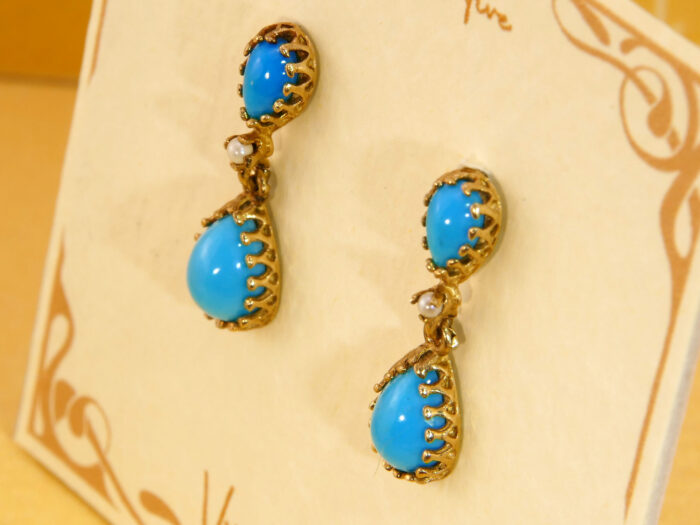 Victorian Teardrop Turquoise & Pearl Gold Drop Earrings 9
