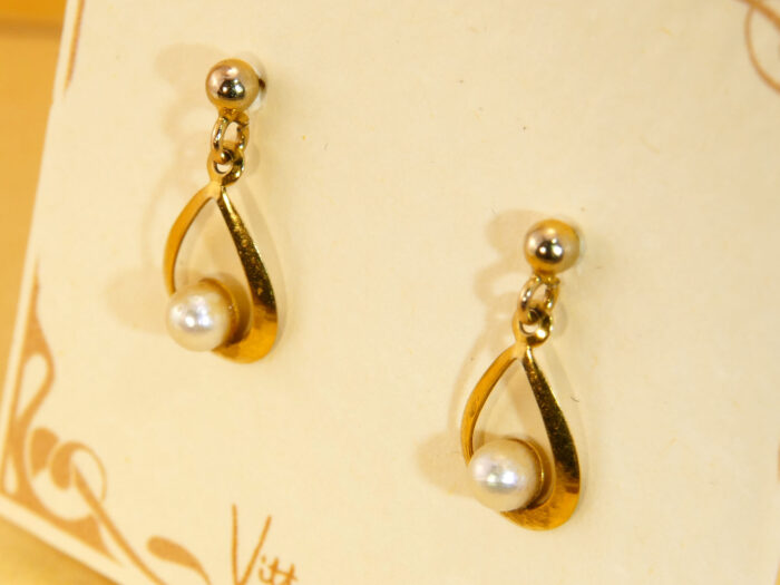 Vintage Natural Pearl Solid Yellow Gold Drop Dangle Earrings 9