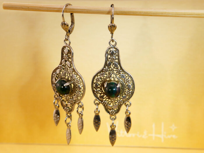 BoHo Malachite Ornate Fretwork Dangle Earrings in Sterling Silver 1