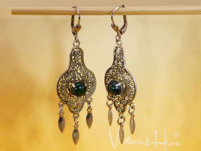 BoHo Malachite Ornate Fretwork Dangle Earrings in Sterling Silver 3