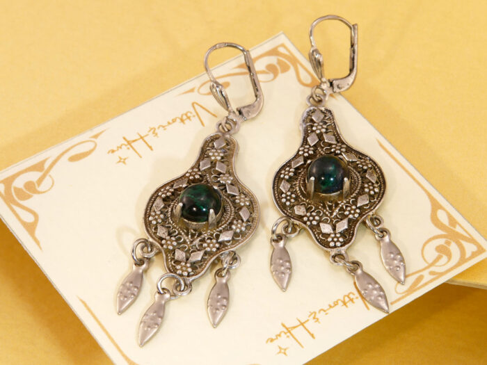 BoHo Malachite Ornate Fretwork Dangle Earrings in Sterling Silver 4