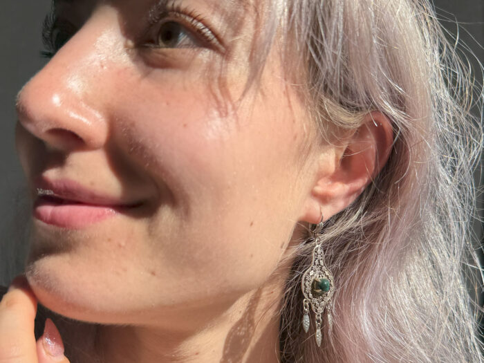 BoHo Malachite Ornate Fretwork Dangle Earrings in Sterling Silver 8