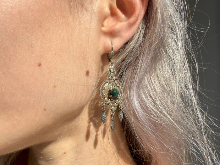 BoHo Malachite Ornate Fretwork Dangle Earrings in Sterling Silver 9