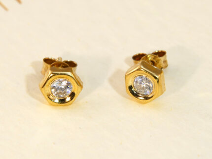 Bold Hexagonal Zircon Gold Stud Earrings Diamond Alternative 1
